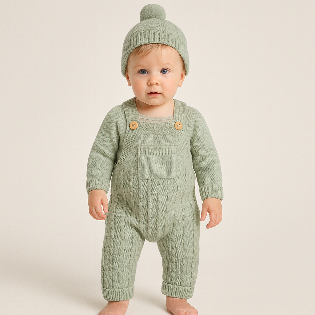 Ljus salviagrön stickad hängselbyxa med matchande pom-pom-mössa placerad på en träyta