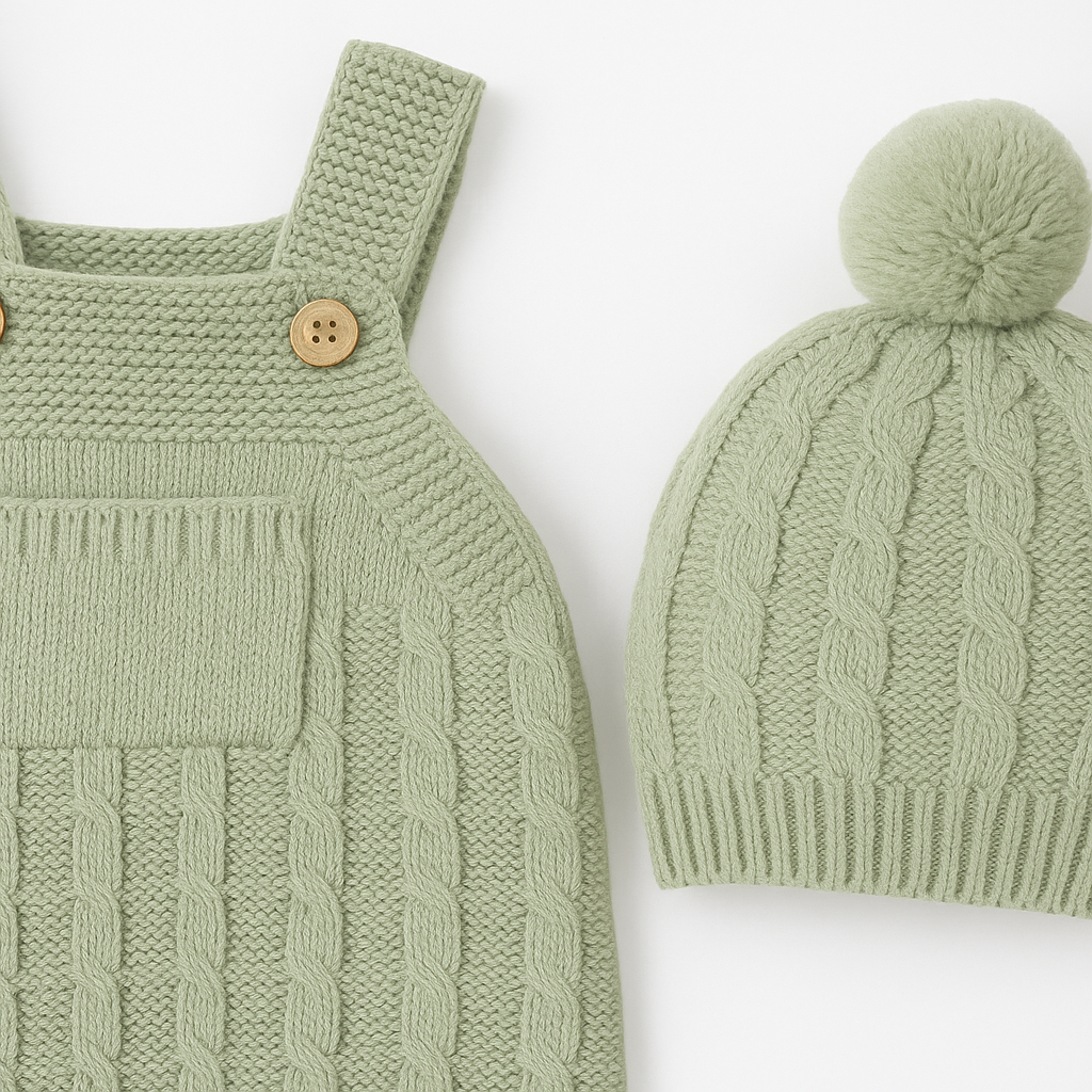 Ljus salviagrön stickad hängselbyxa med matchande pom-pom-mössa placerad på en träyta