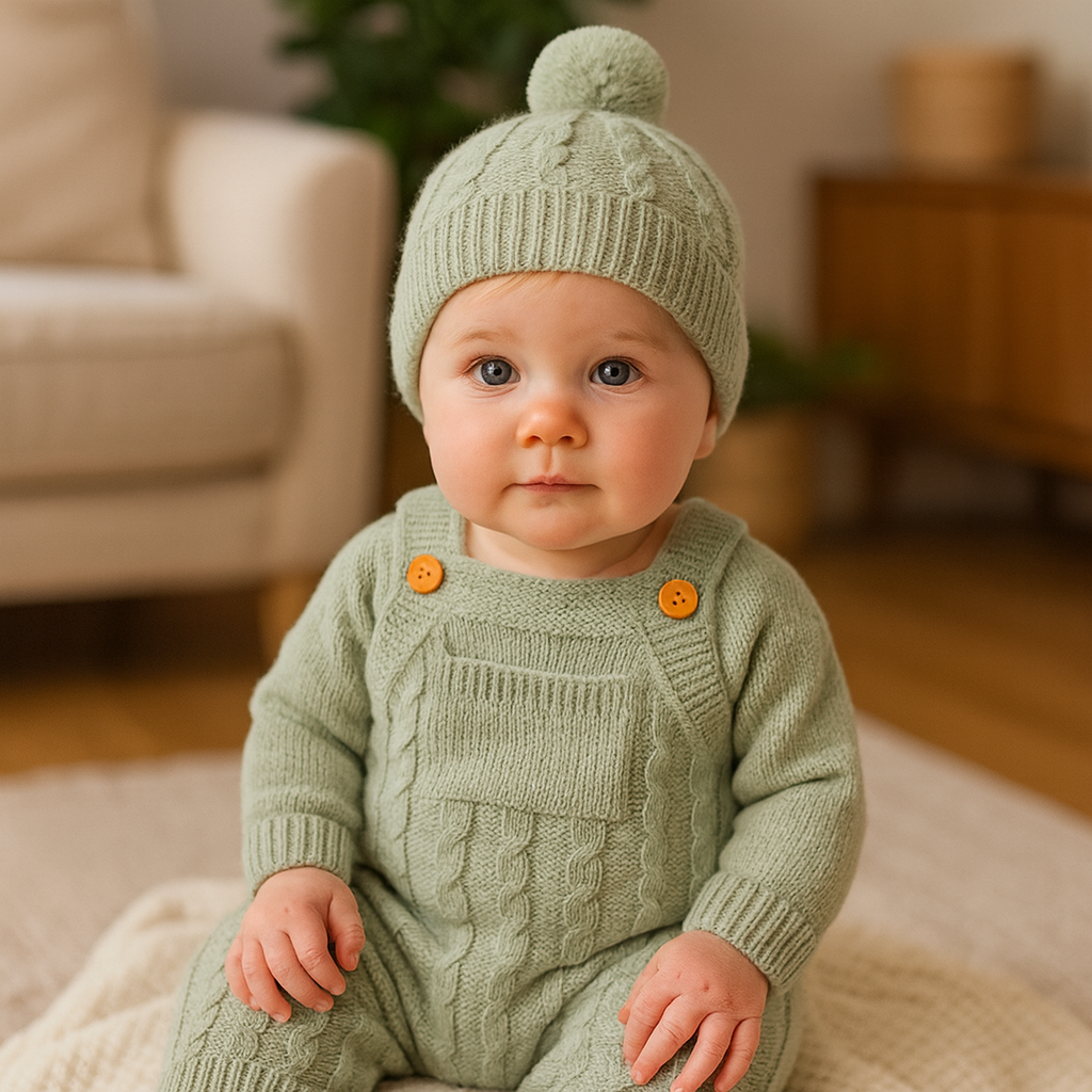Ljus salviagrön stickad hängselbyxa med matchande pom-pom-mössa placerad på en träyta