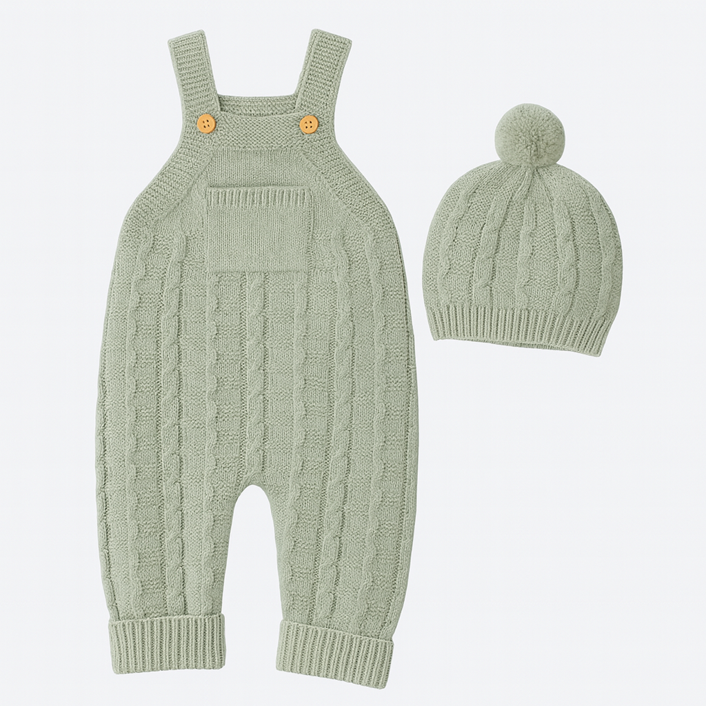 Ljus salviagrön stickad hängselbyxa med matchande pom-pom-mössa placerad på en träyta