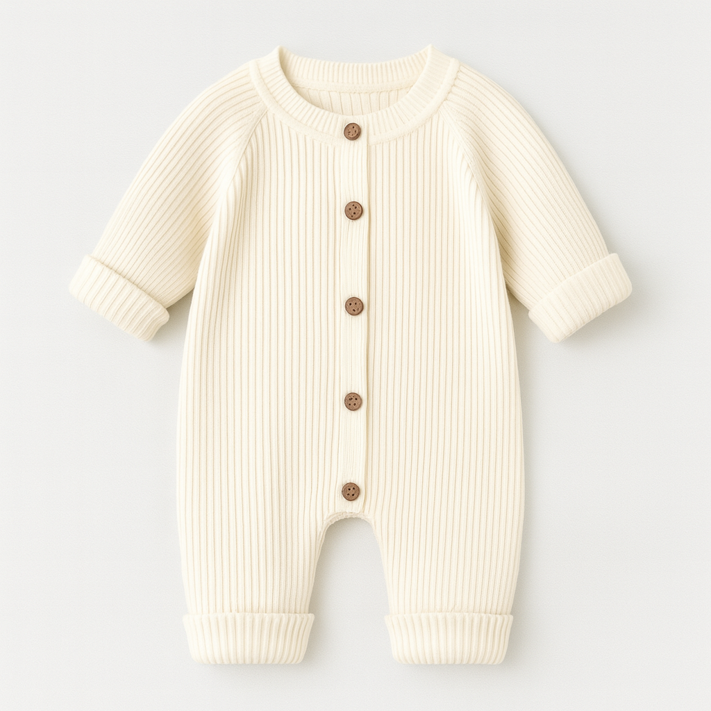Babyromper-topp i ribbad stickning med knappar framtill, placerad mot en neutral bakgrund