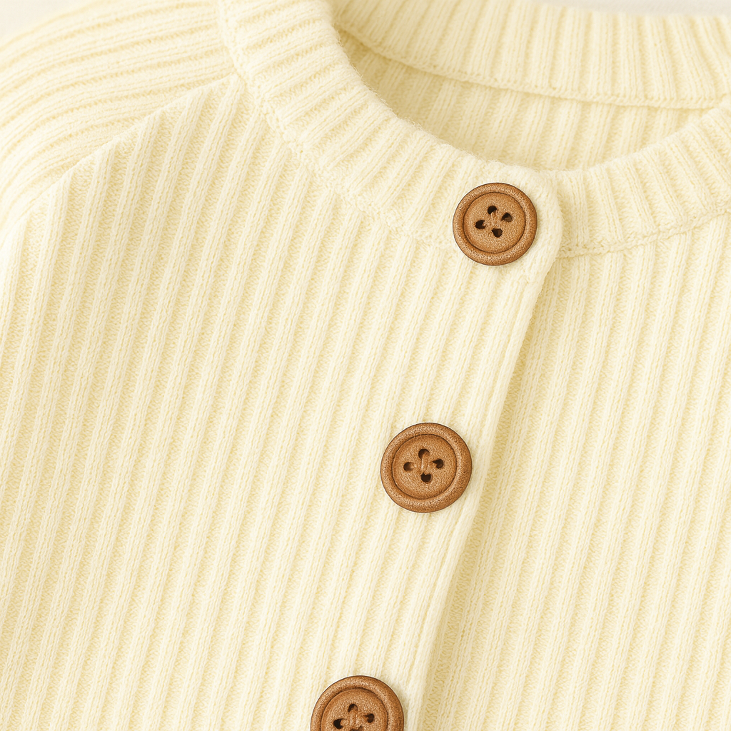 Babyromper-topp i ribbad stickning med knappar framtill, placerad mot en neutral bakgrund