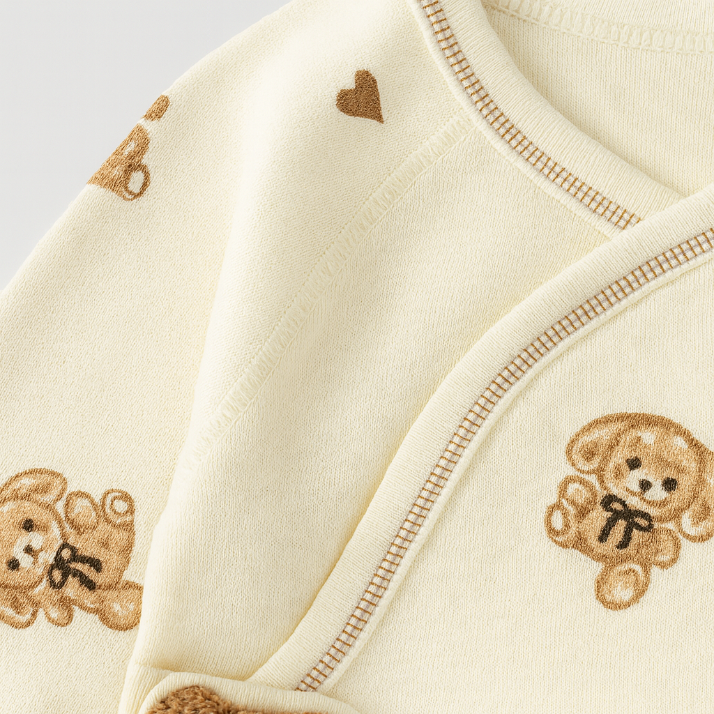 Crèmefärgad babyoverall med brunt björntryck och virkad björnapplikation