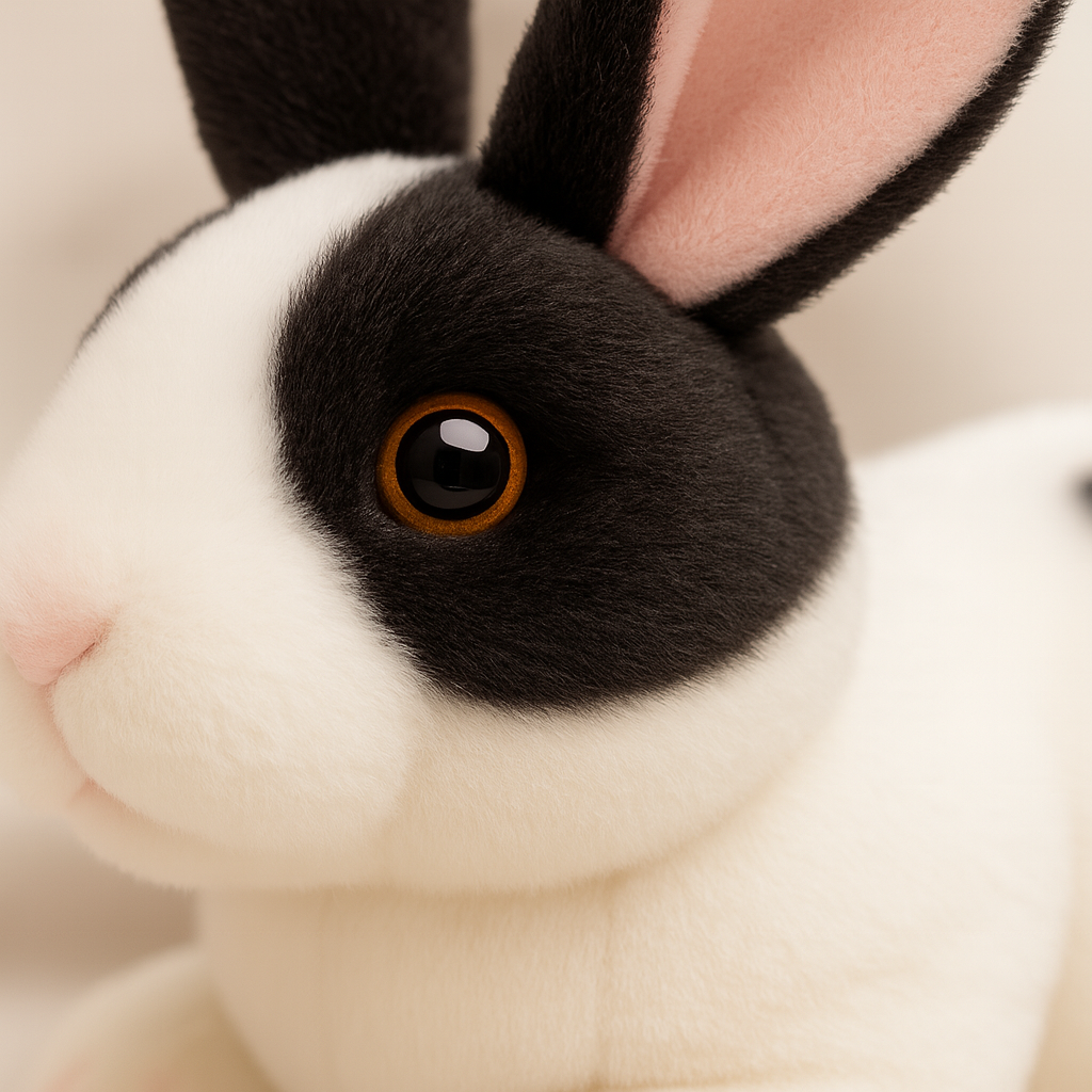 Svartvit plyschkanin med rosa detaljer på tassar och öron, sittande i en lugn pose.