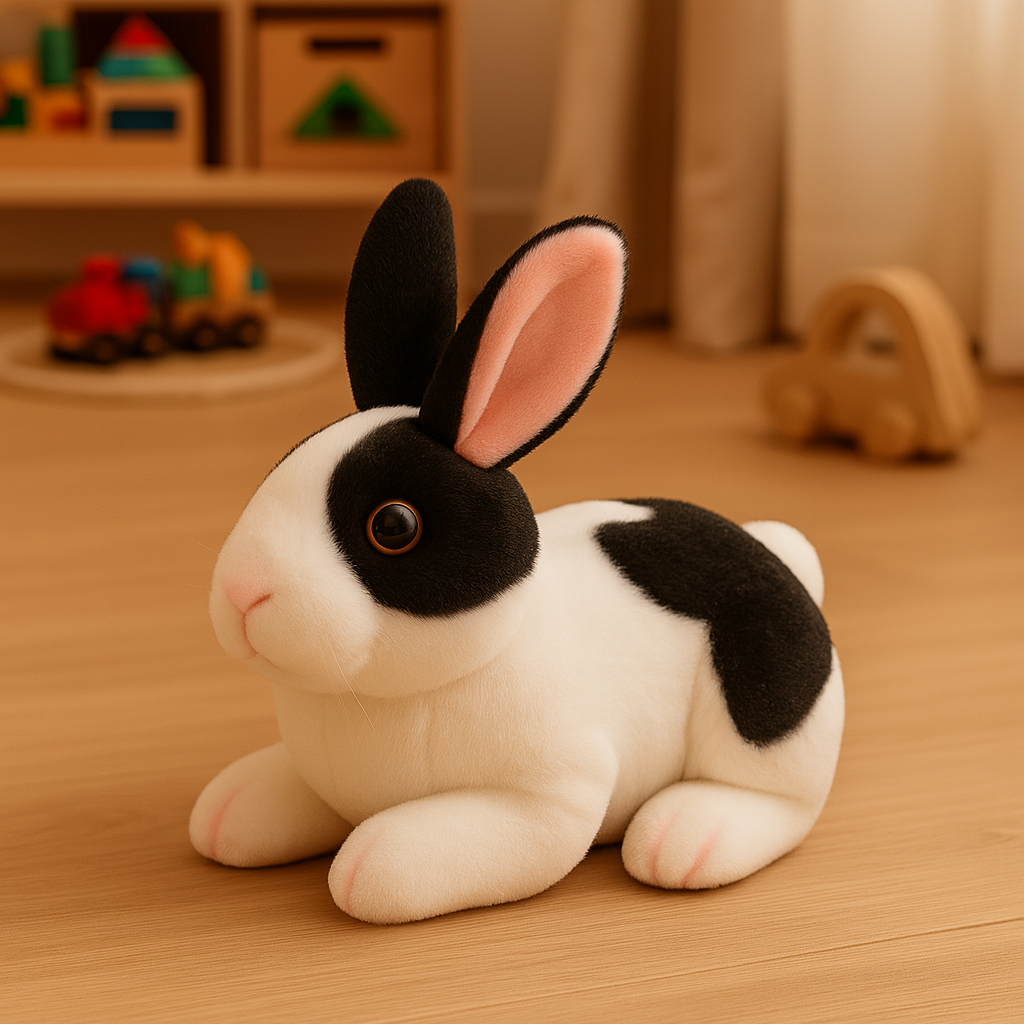 Svartvit plyschkanin med rosa detaljer på tassar och öron, sittande i en lugn pose.