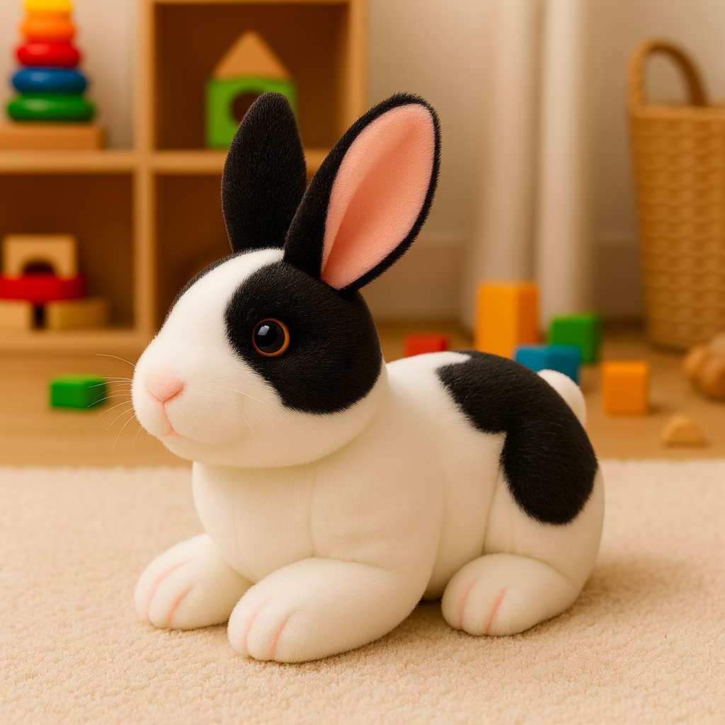 Svartvit plyschkanin med rosa detaljer på tassar och öron, sittande i en lugn pose.