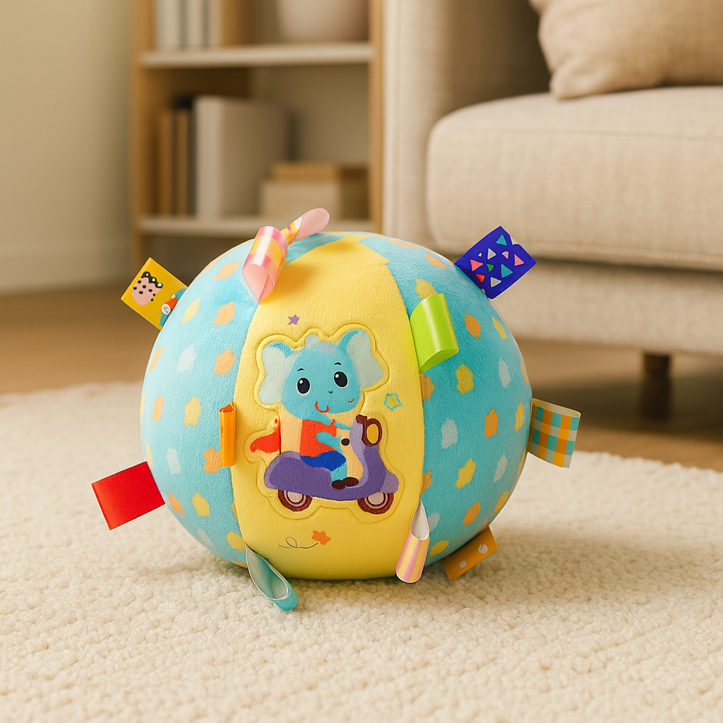 Rund blå och gul aktivitetsboll i plysch med färgglada tygflikar och en söt elefant som kör scooter.