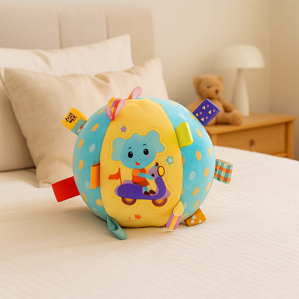 Rund blå och gul aktivitetsboll i plysch med färgglada tygflikar och en söt elefant som kör scooter.