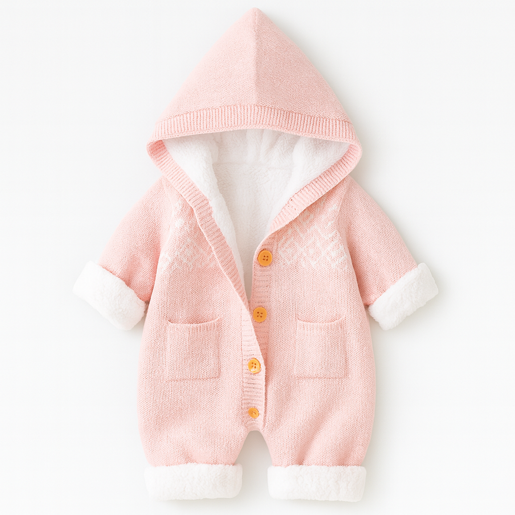 Rosa stickad huvad babydräkt med vitt fleecefoder och träknappar