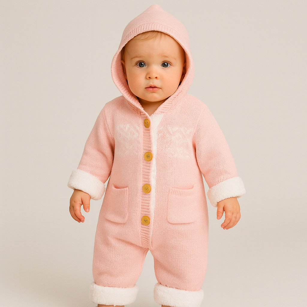 Rosa stickad huvad babydräkt med vitt fleecefoder och träknappar