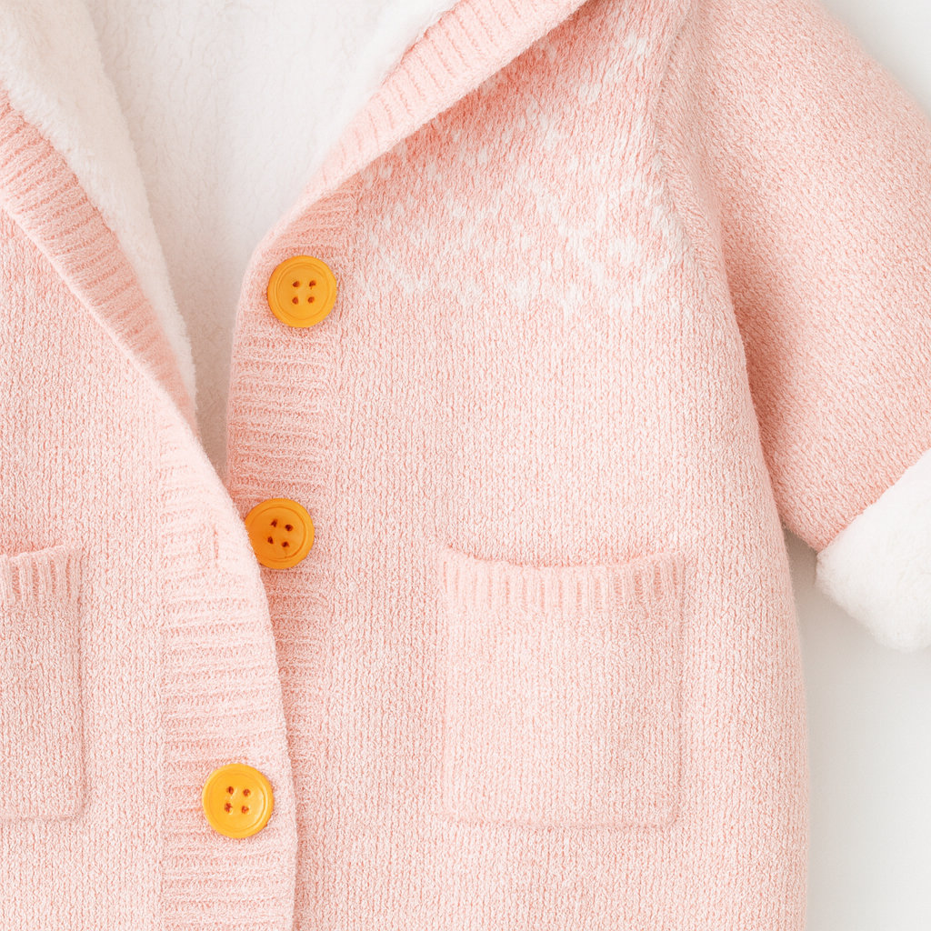 Rosa stickad huvad babydräkt med vitt fleecefoder och träknappar