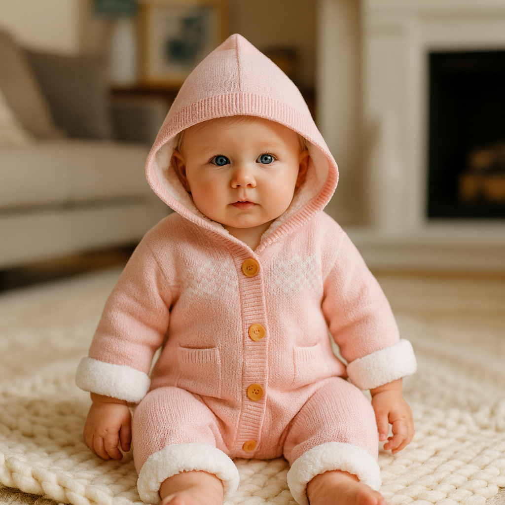 Rosa stickad huvad babydräkt med vitt fleecefoder och träknappar