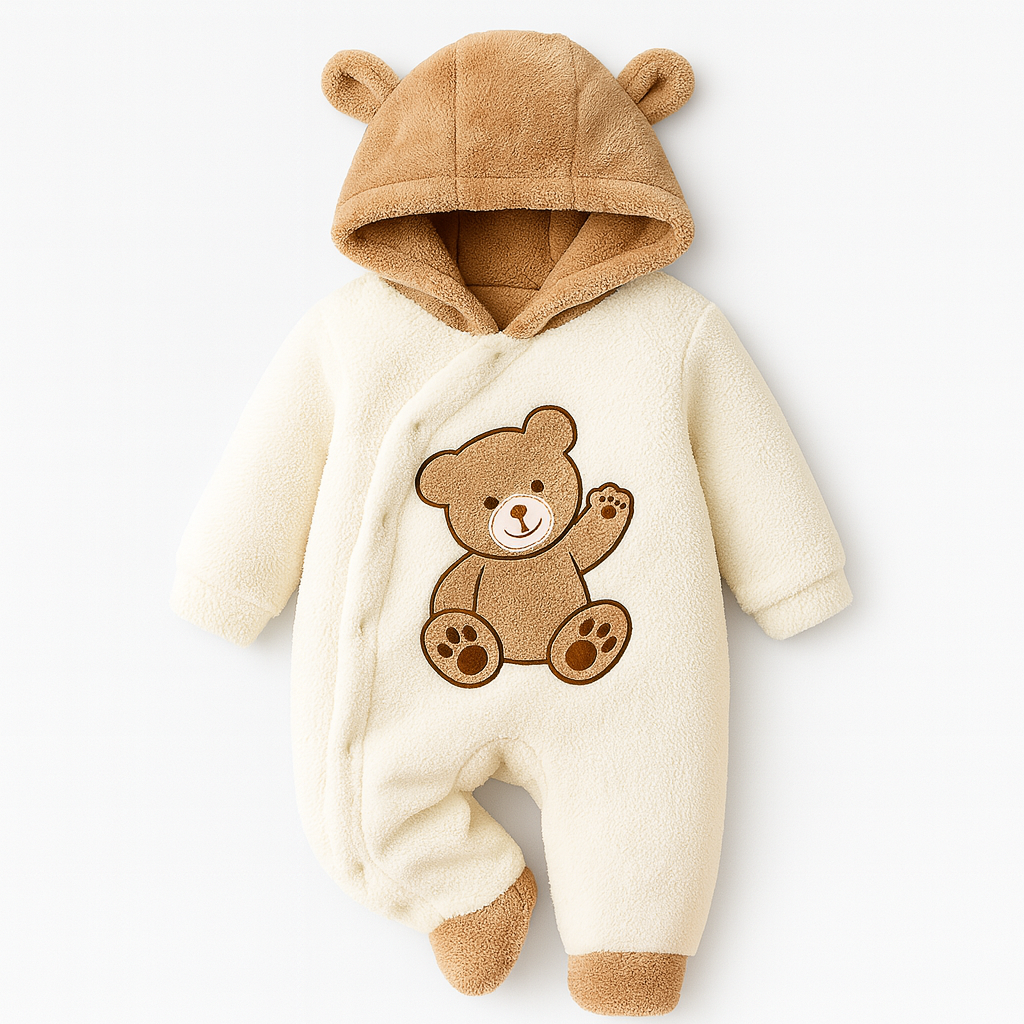 Cream- och brunfärgad björn-inspirerad plyschdräkt med huva och broderad björn på framsidan