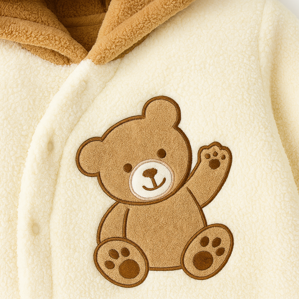 Cream- och brunfärgad björn-inspirerad plyschdräkt med huva och broderad björn på framsidan