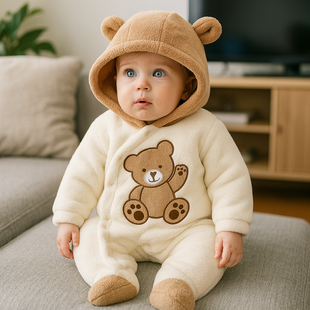 Cream- och brunfärgad björn-inspirerad plyschdräkt med huva och broderad björn på framsidan