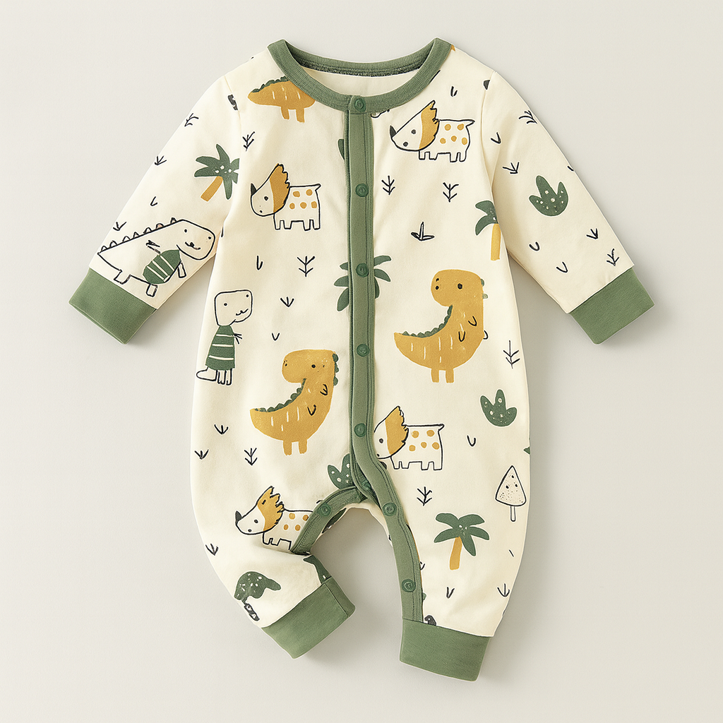 Babyromper med dinosauriemotiv och kontrasterande kanter, placerad mot en mjuk bakgrund