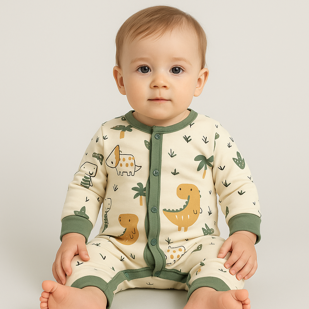 Babyromper med dinosauriemotiv och kontrasterande kanter, placerad mot en mjuk bakgrund