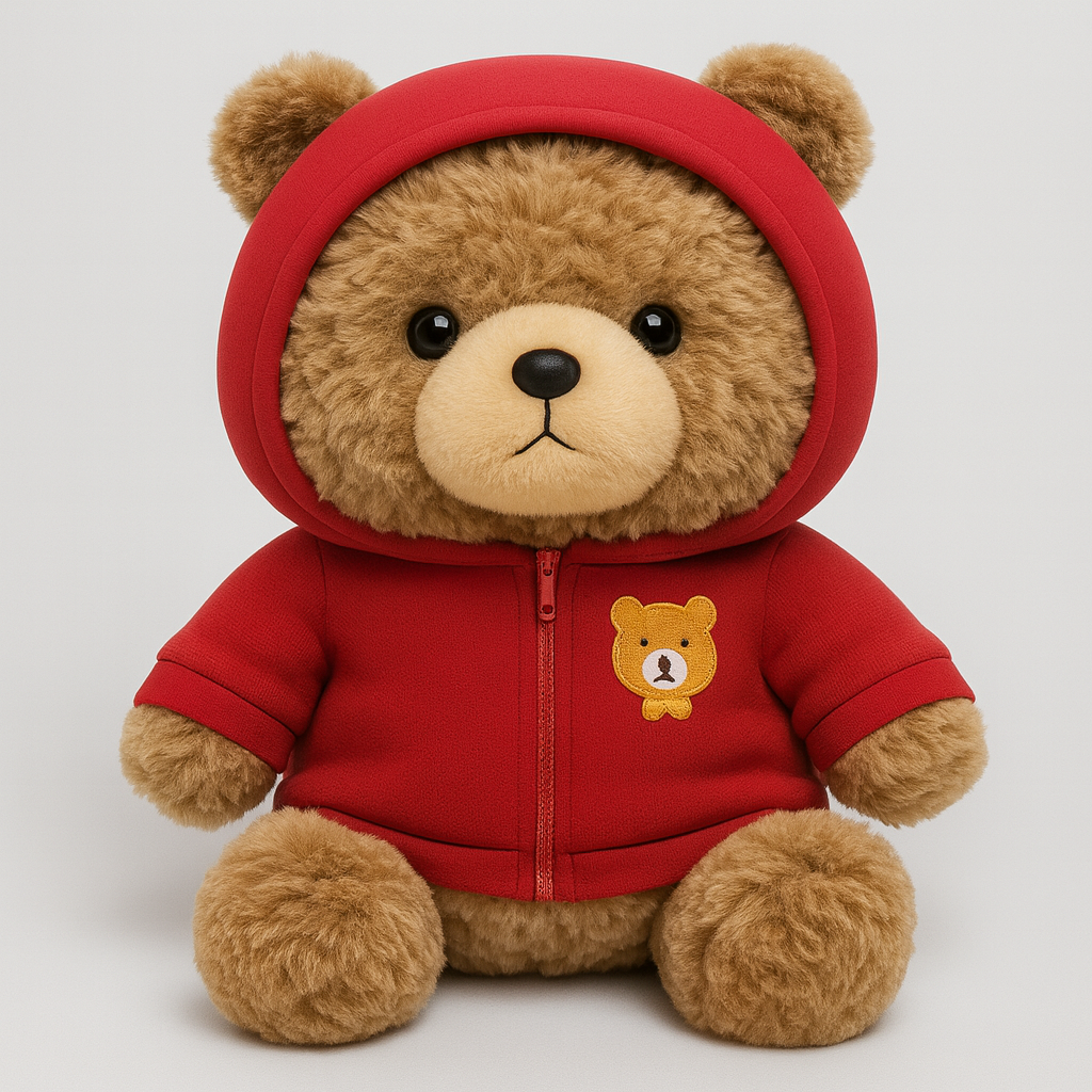 Brun plyschbjörn med röd hoodie som sitter upprätt