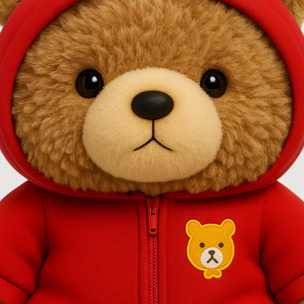 Brun plyschbjörn med röd hoodie som sitter upprätt
