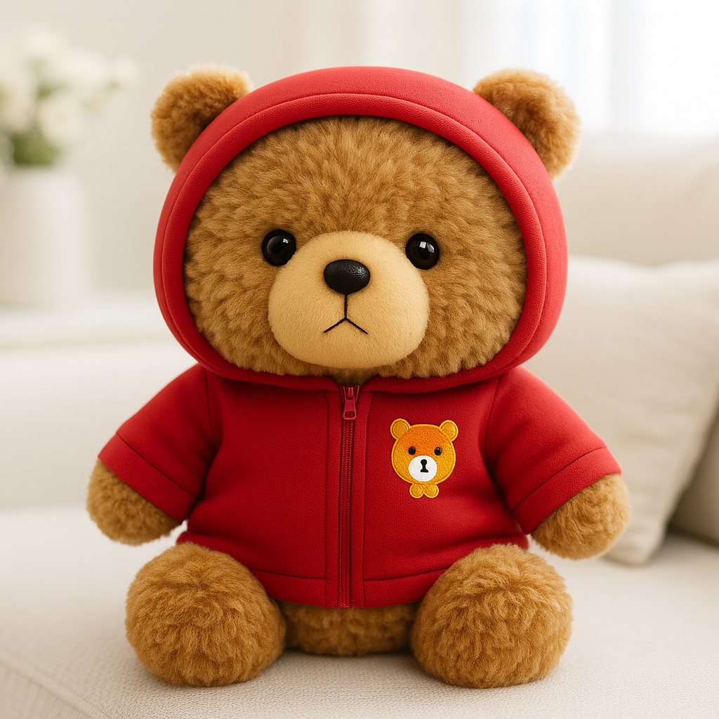 Brun plyschbjörn med röd hoodie som sitter upprätt