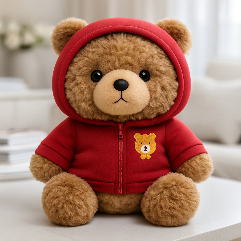Brun plyschbjörn med röd hoodie som sitter upprätt