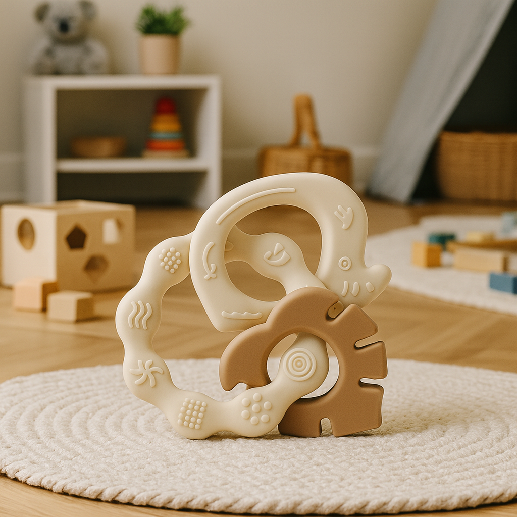 Neutrala beige och bruna silikonbitringar med flera strukturerade ytor i sammanlänkad design.