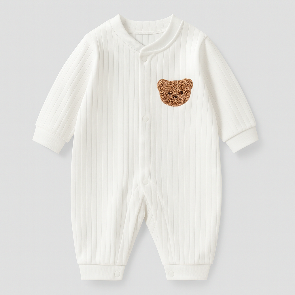 Vit ribbad babyoverall med brun virkad björnpatch på bröstet