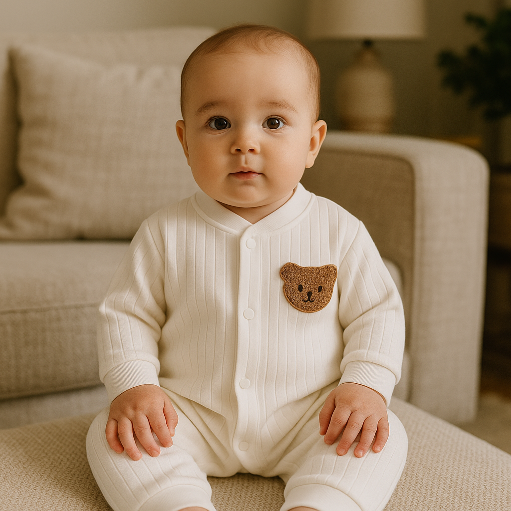 Vit ribbad babyoverall med brun virkad björnpatch på bröstet