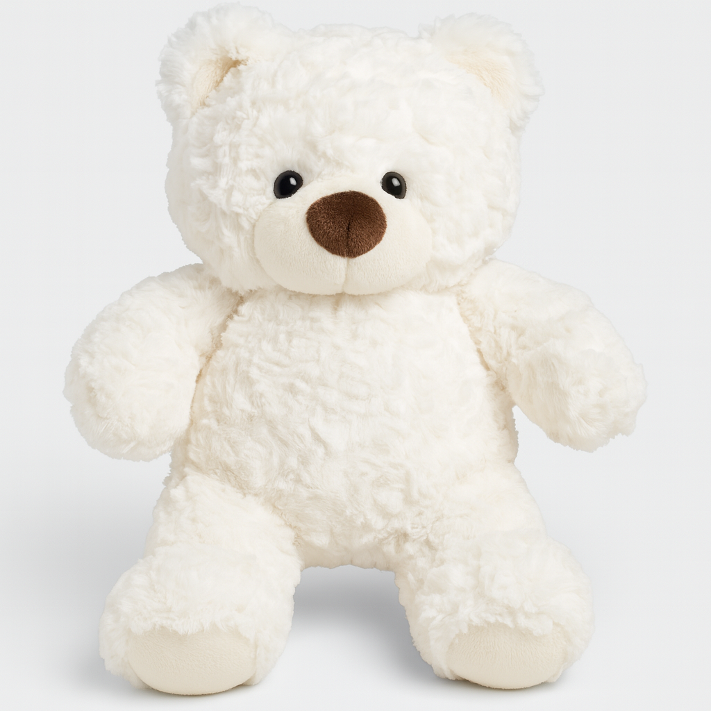 Vit fluffig plyschnalle som sitter i en flätad korg