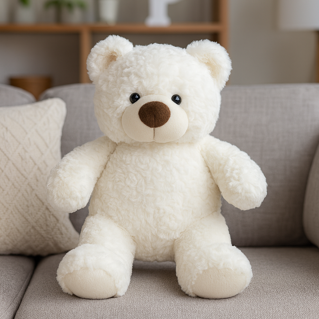 Vit fluffig plyschnalle som sitter i en flätad korg