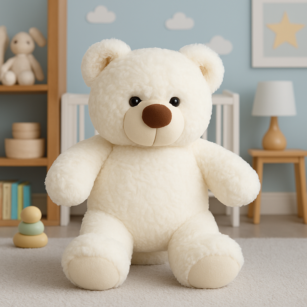 Vit fluffig plyschnalle som sitter i en flätad korg