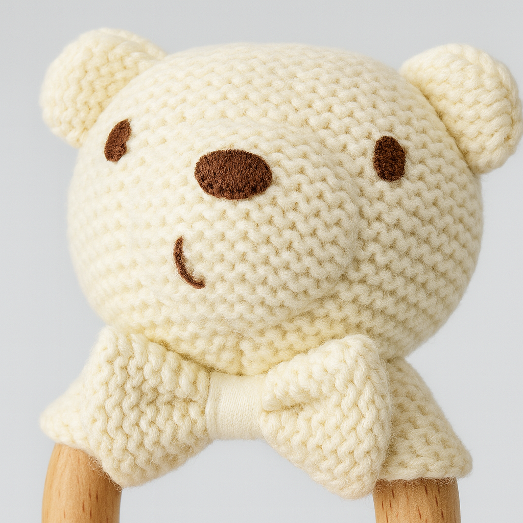 Krämfärgad stickad björnskallra med trä-ring och mjuk rosett