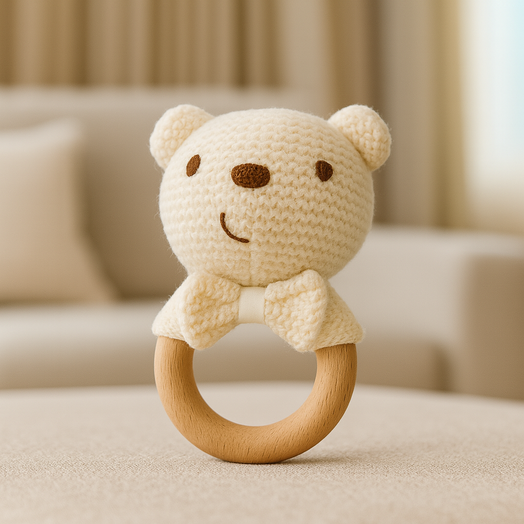 Krämfärgad stickad björnskallra med trä-ring och mjuk rosett